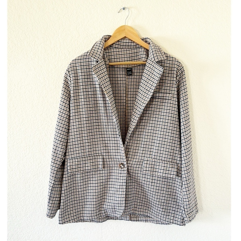 Shein Blazer Size Large Tan Black Plaid Single Button Flap Pockets Notched Lapel